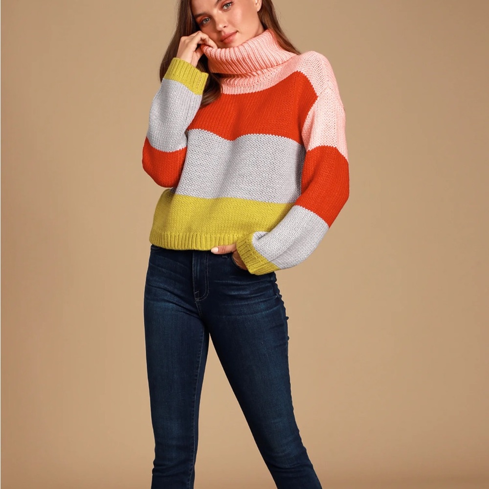 Lulus Color Me Cozy‎ Pink Multi Color Block Turtleneck Sweater - Picture 2 of 9